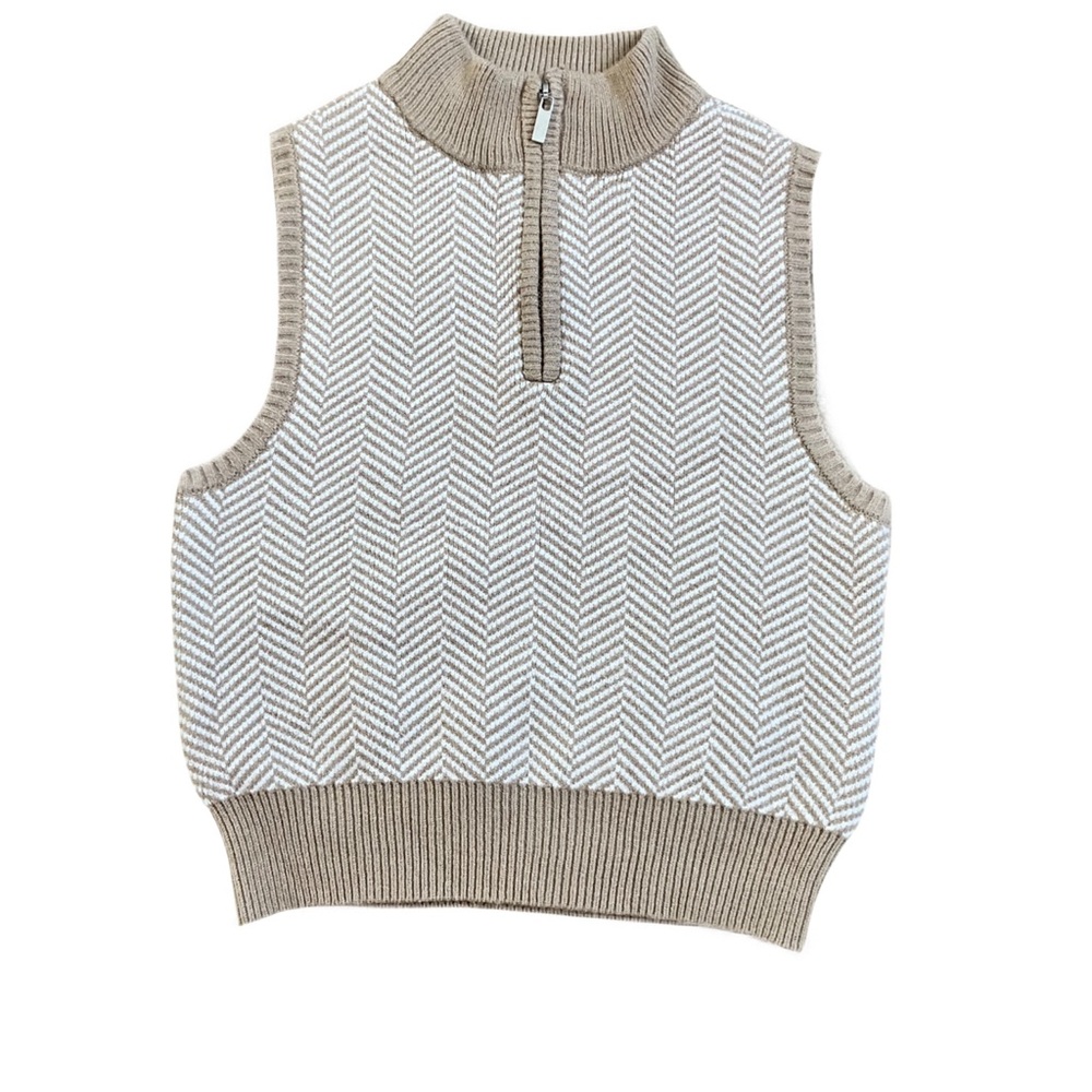 Sincerely Jules Sweater Vest, Sz. XS, Tan/White Chevron Print, 1/4 Zip At Collar